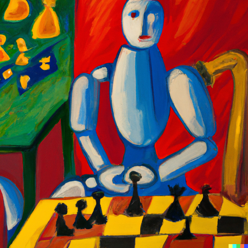 Projekt zarządzanie zmianą - Obrazek wygenerowany przez sztuczną inteligencję z poleceniem tekstowym: "An oil painting by Matisse of a humanoid robot playing chess"